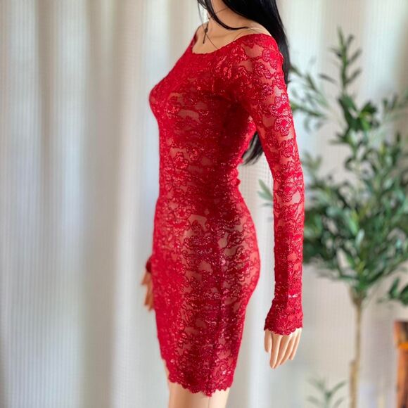 Handmade Y2K Red Glitter Sheer Lace Mini Dress Long Sleeve Bodycon Clubwear XS/S - Picture 5 of 7